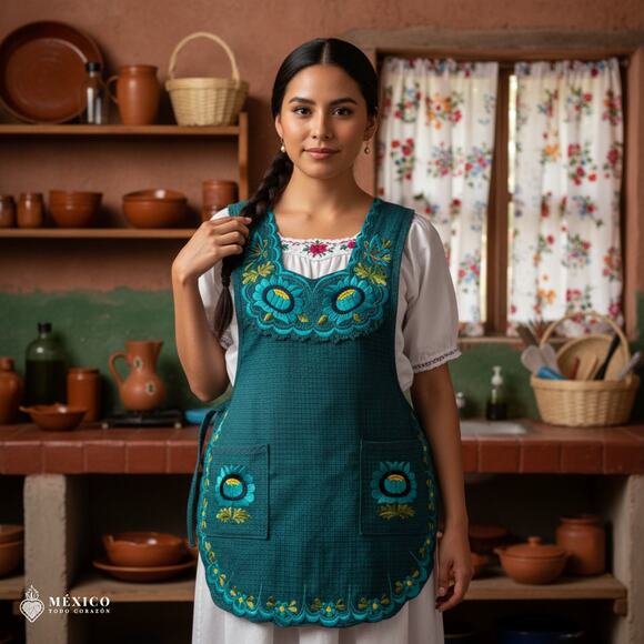 Turquoise Mexican Embroidered Smock Apron – Floral Traditional Design for Women - Picture 2 of 8